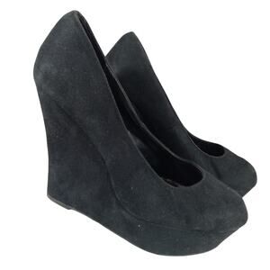 TRASH! BLACK VEGAN SUEDE/MICROFIBER LEATHER SKY HIGH WEDGE HEELS! SZ 9.5M